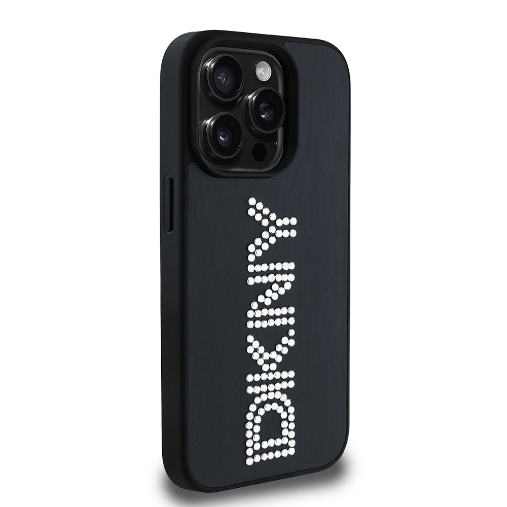 Apple iPhone 15 Pro Max Case DKNY Original Licensed Stoned DKNY Written Metallic Rhinestones PU Leather Cover Brown