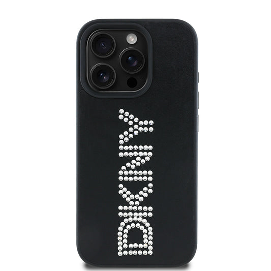 Apple iPhone 15 Pro Max Kılıf DKNY Orjinal Lisanslı Taşlı DKNY Yazılı Metalik Rhinestones PU Deri Kapak Siyah