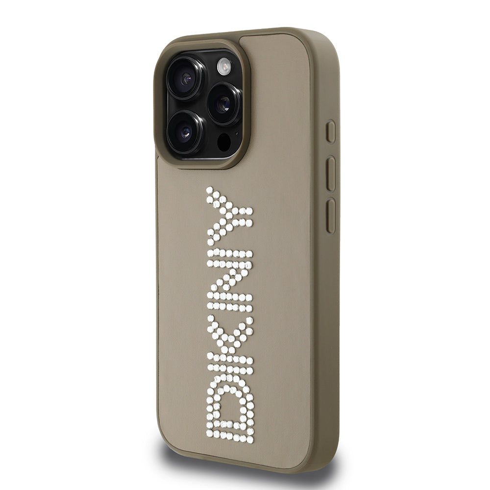 Apple iPhone 15 Pro Max Case DKNY Original Licensed Stoned DKNY Written Metallic Rhinestones PU Leather Cover Brown