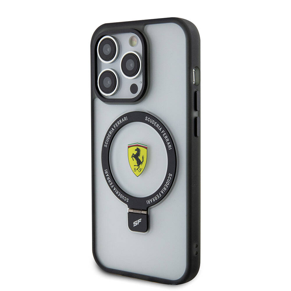 Apple iPhone 15 Pro Max Case Ferrari M-safe Charging Stand Frosted Surface Design Cover Black