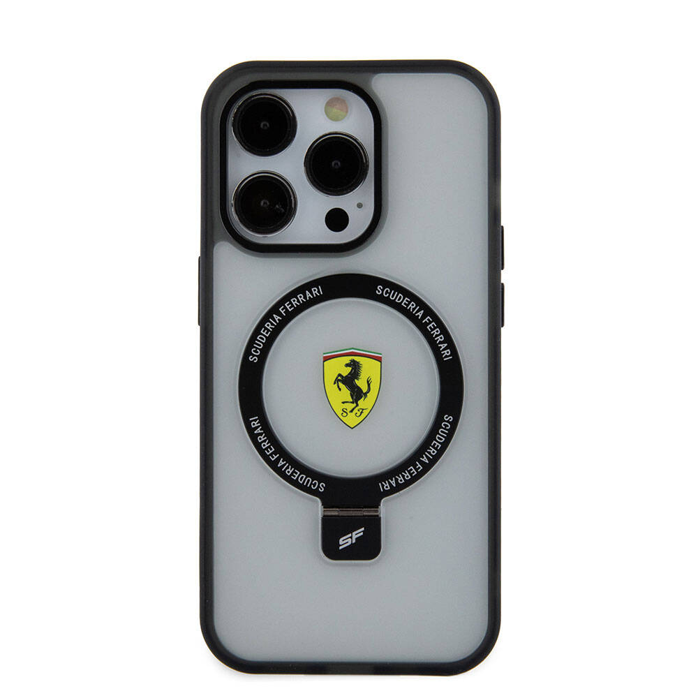 Apple iPhone 15 Pro Max Case Ferrari M-safe Charging Stand Frosted Surface Design Transparent Black Cover