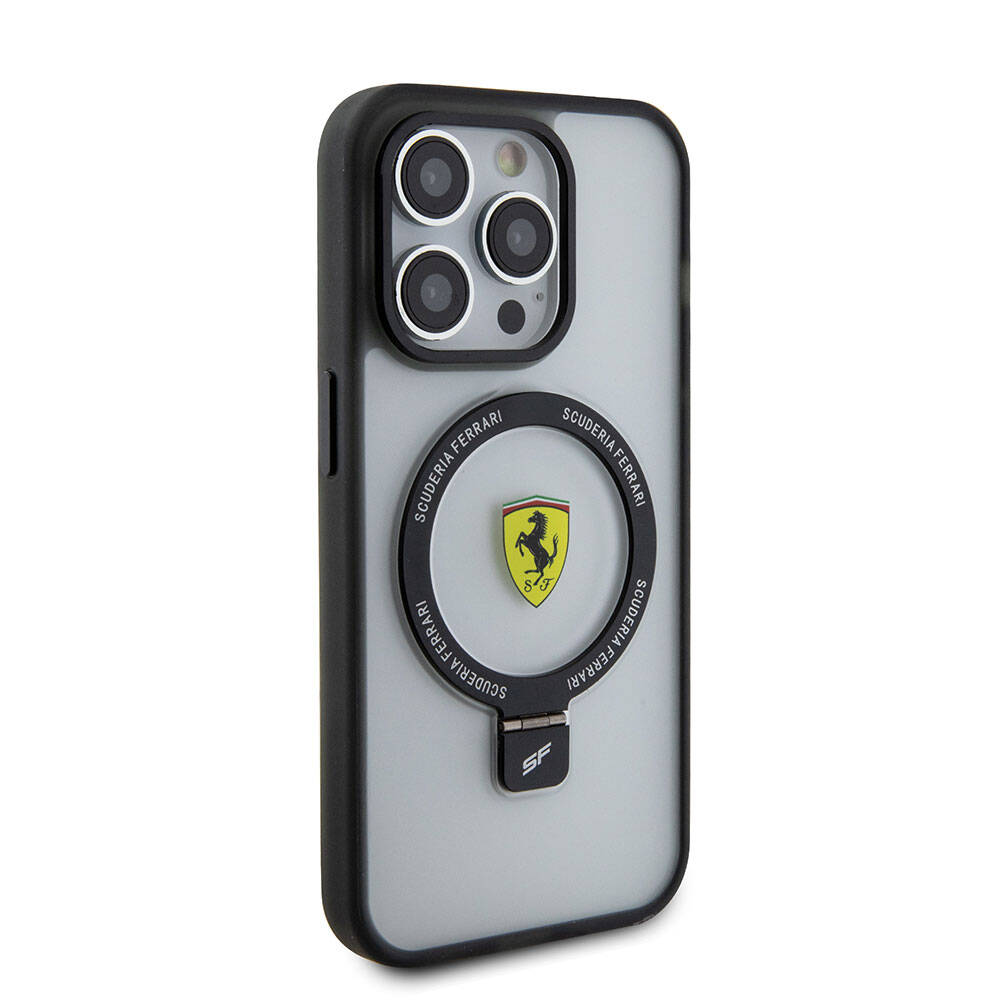 Apple iPhone 15 Pro Max Case Ferrari M-safe Charging Stand Frosted Surface Design Silver Cover