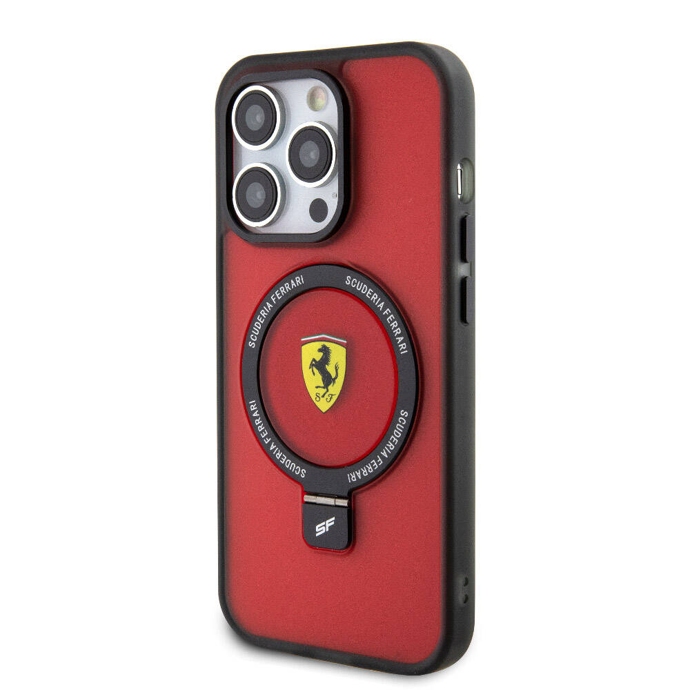 Apple iPhone 15 Pro Max Kılıf Ferrari M-safe Şarj Özellikli Standlı Buzlu Yüzey Dizayn Kapak Kırmızı