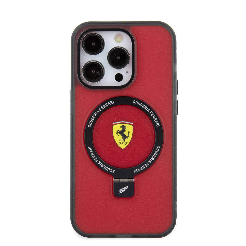Apple iPhone 15 Pro Max Case Ferrari M-safe Charging Stand Frosted Surface Design Transparent Black Cover