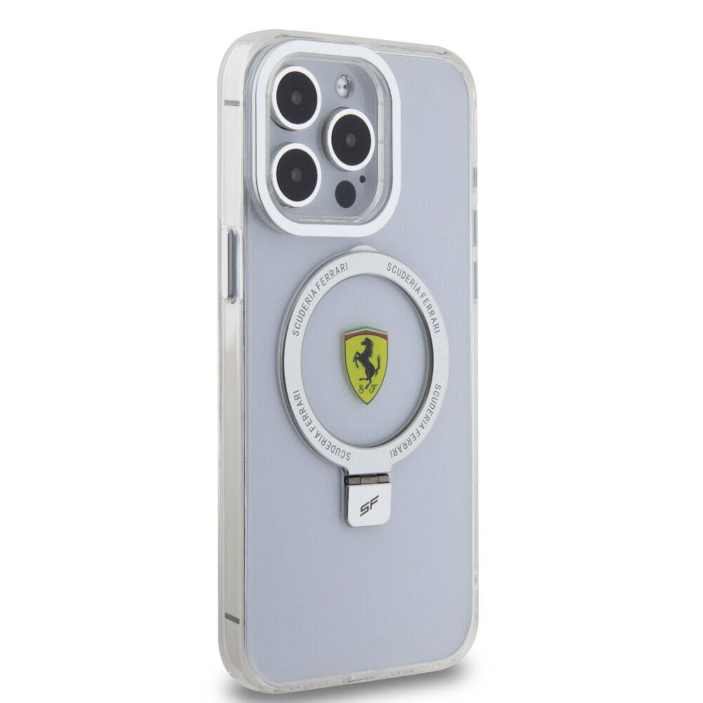 Apple iPhone 15 Pro Max Case Ferrari M-safe Charging Stand Frosted Surface Design Silver Cover