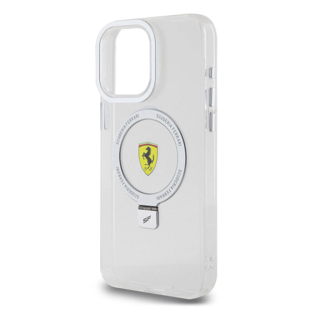 Apple iPhone 15 Pro Max Case Ferrari M-safe Charging Stand Frosted Surface Design Silver Cover