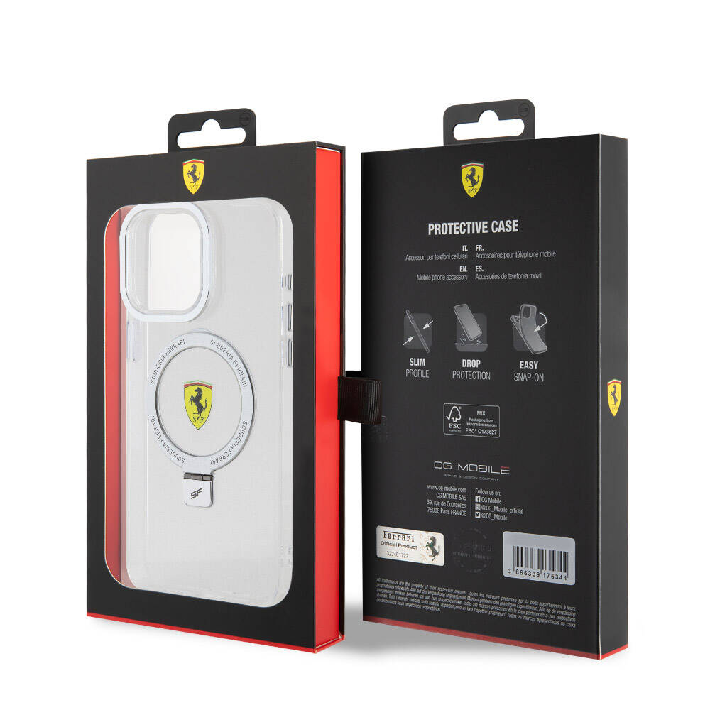 Apple iPhone 15 Pro Max Kılıf Ferrari M-safe Şarj Özellikli Standlı Buzlu Yüzey Dizayn Kapak Gümüş