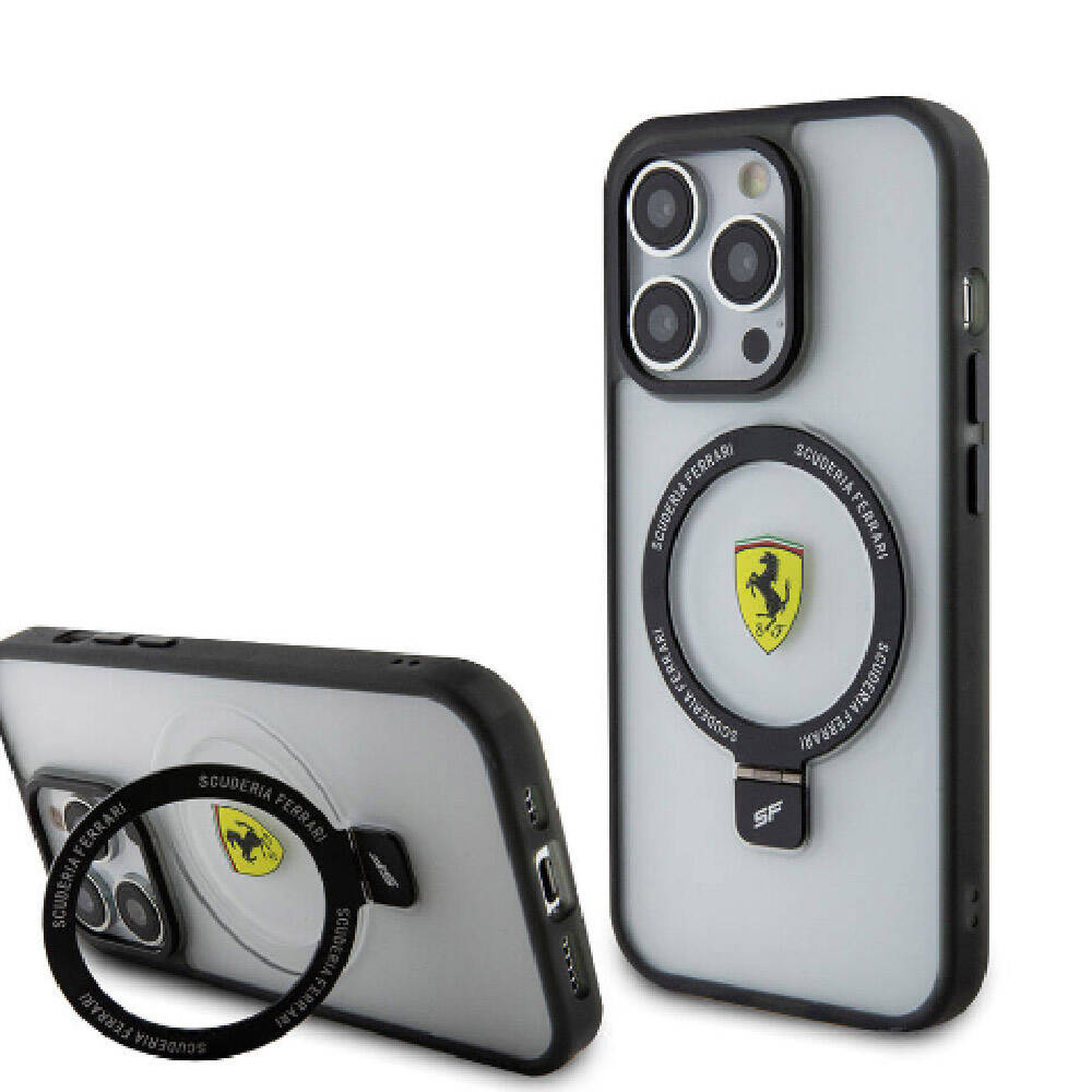 Apple iPhone 15 Pro Max Case Ferrari M-safe Charging Stand Frosted Surface Design Cover Black