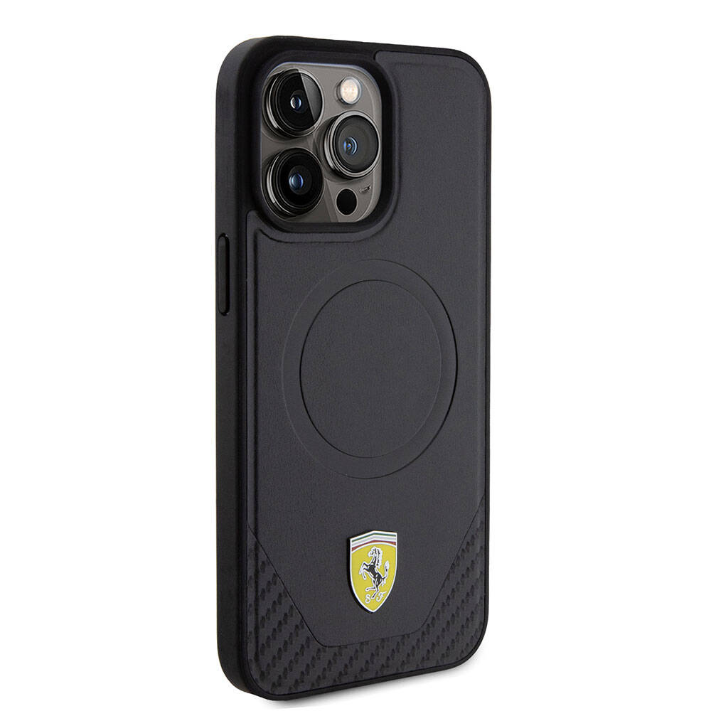 Apple iPhone 15 Pro Max Kılıf Ferrari Orjinal Lisanslı M-safe Şarj Özellikli Metal Logolu PU Karbon Kapak Kırmızı