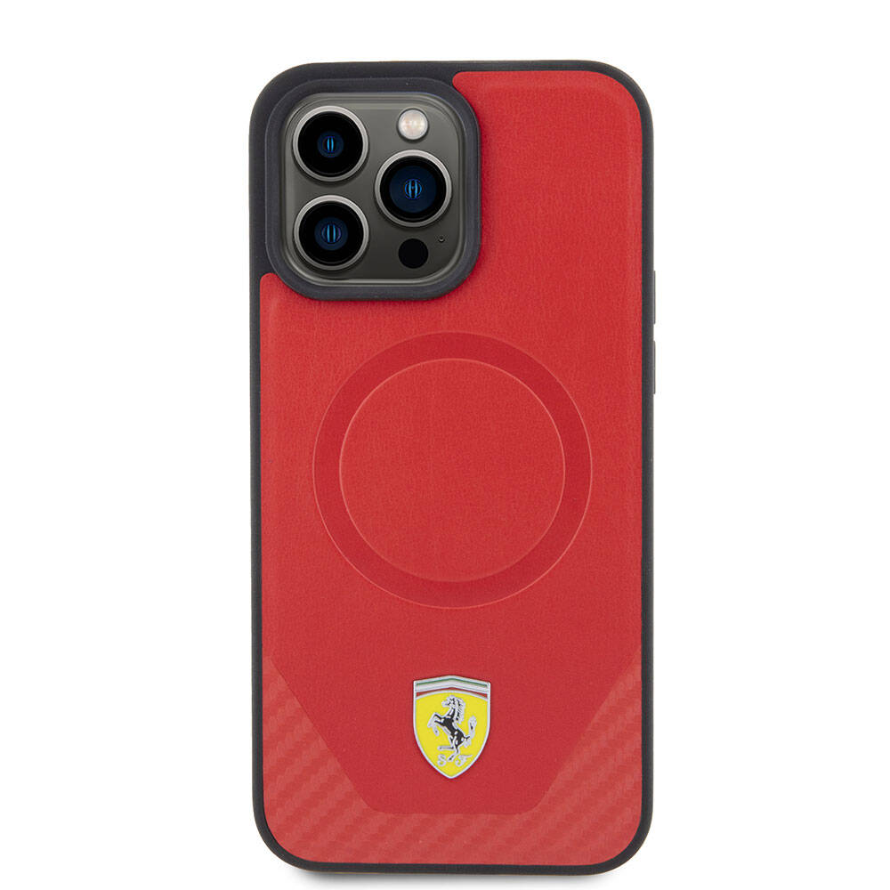 Apple iPhone 15 Pro Max Kılıf Ferrari Orjinal Lisanslı M-safe Şarj Özellikli Metal Logolu PU Karbon Kapak Kırmızı