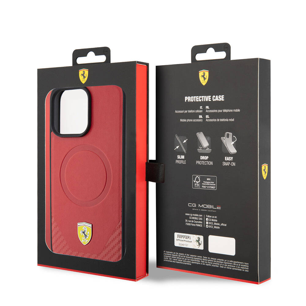 Apple iPhone 15 Pro Max Kılıf Ferrari Orjinal Lisanslı M-safe Şarj Özellikli Metal Logolu PU Karbon Kapak Kırmızı