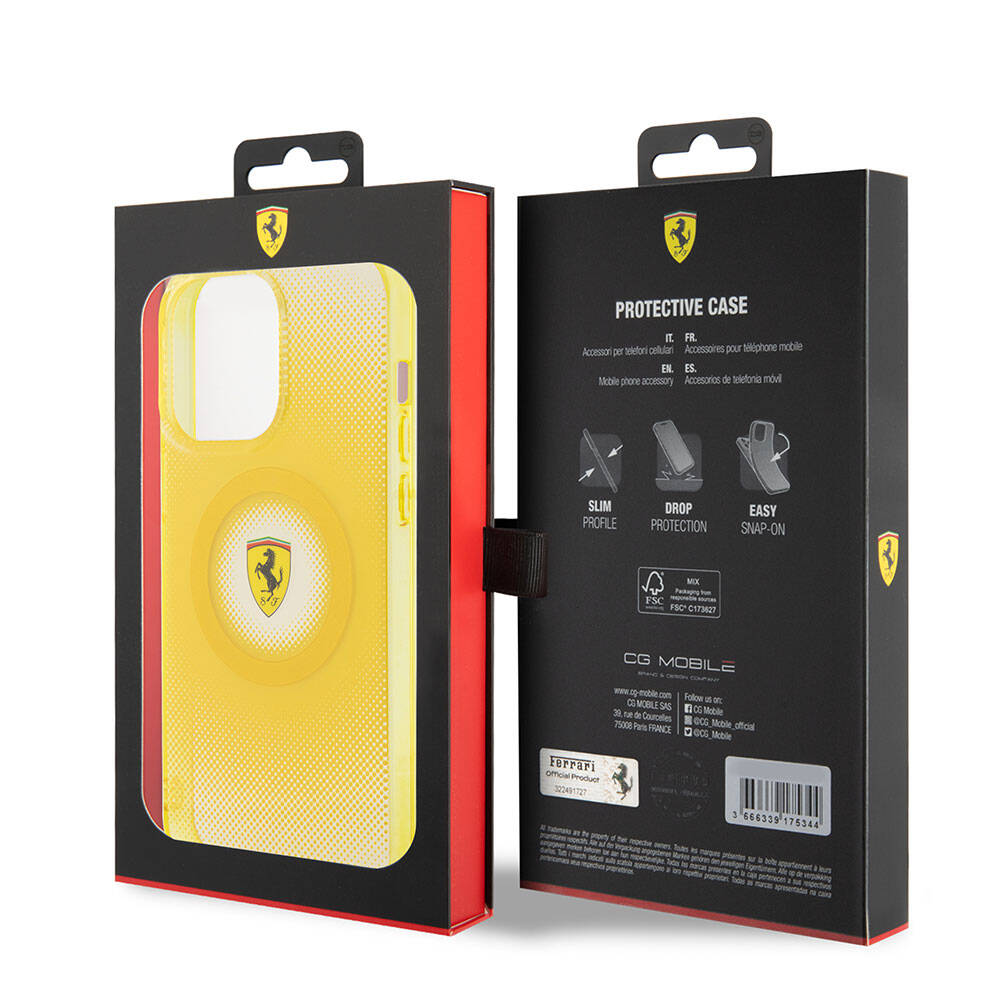 Apple iPhone 15 Pro Max Case Ferrari Original Licensed M-Safe Charging Feature Shattered Dots Patterned Cover Yellow