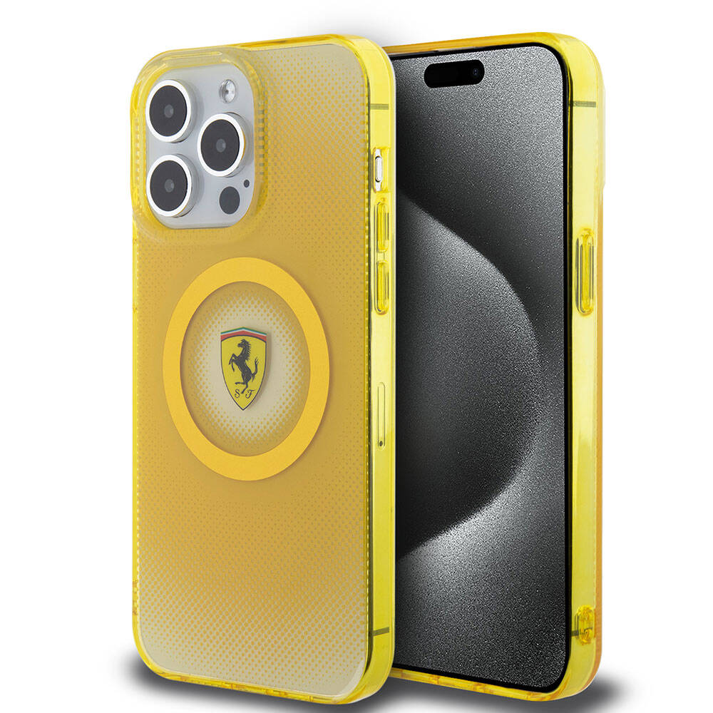 Apple iPhone 15 Pro Max Case Ferrari Original Licensed M-Safe Charging Feature Shattered Dots Patterned Cover Yellow