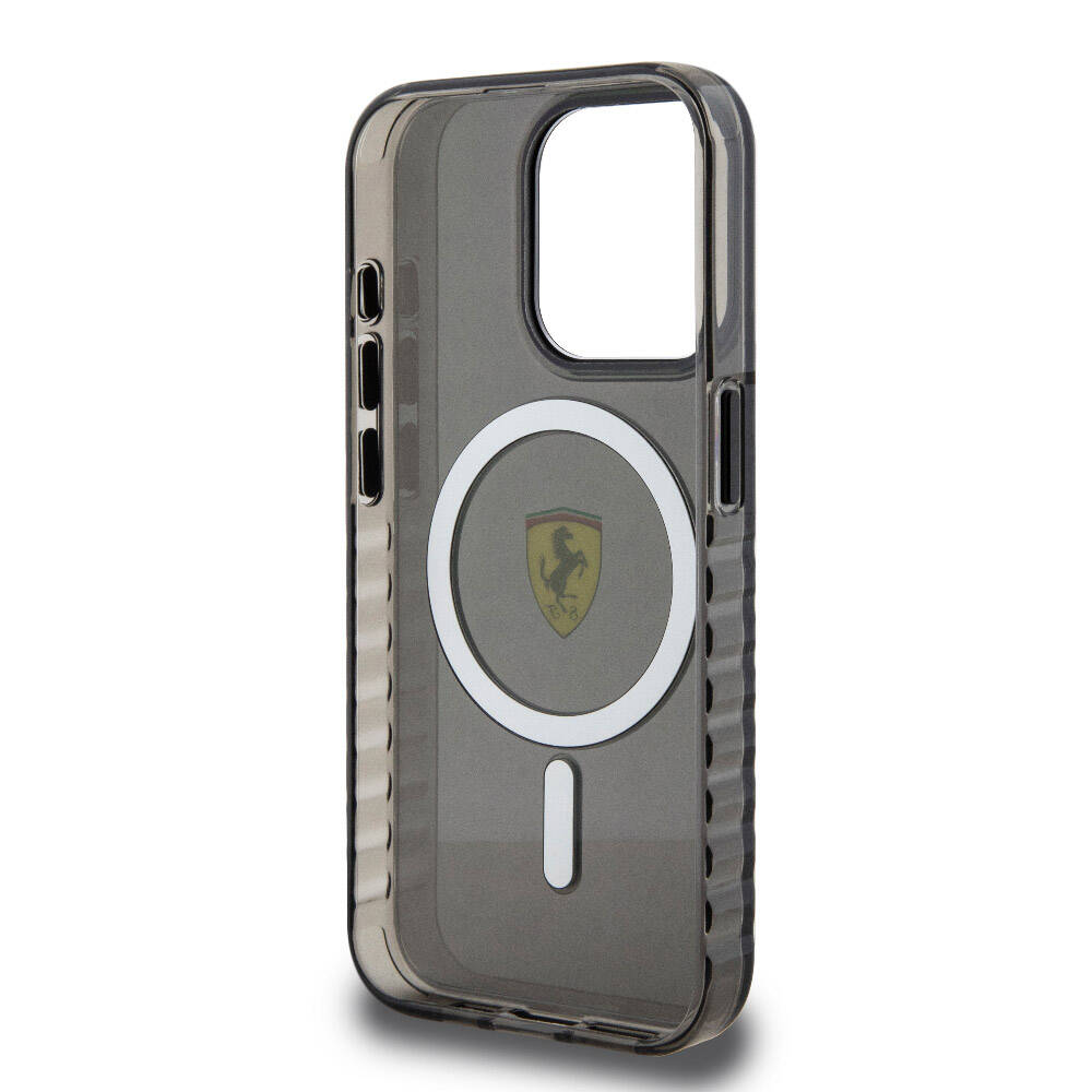 Apple iPhone 15 Pro Max Kılıf Ferrari Orjinal Lisanslı M-safe Şarj Özellikli Tırtıklı Kenar Tasarımlı Ortalanmış Logo Kapak Siyah