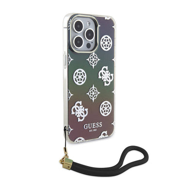 Apple iPhone 15 Pro Max Kılıf Guess Orjinal Lisanslı Desenli Yazı Logolu Askı İpli Holografik Glitter Peony Kapak Siyah