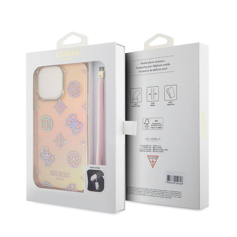 Apple iPhone 15 Pro Max Case Guess Original Licensed Patterned Text Logo Strap Holographic Glitter Peony Cover Purple