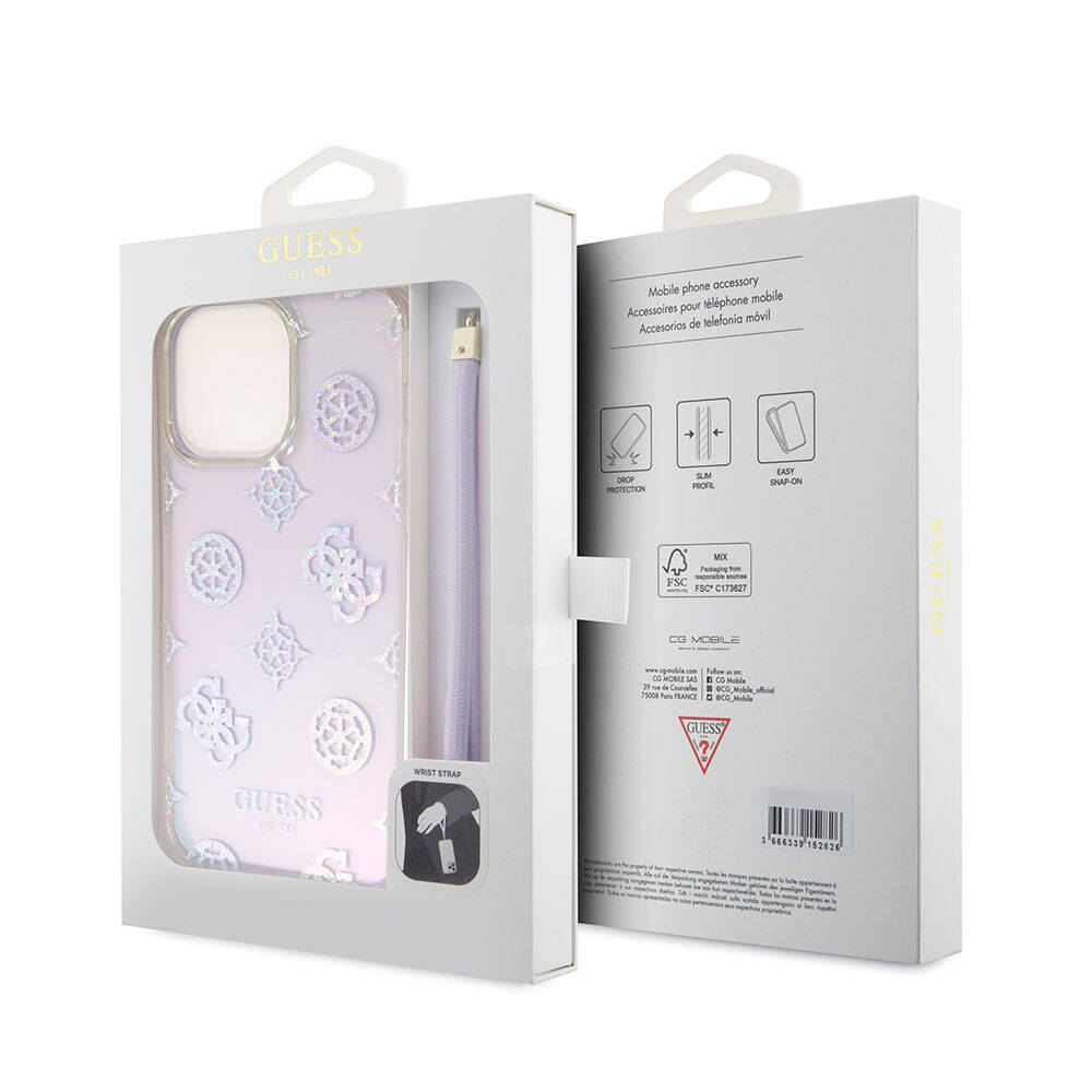 Apple iPhone 15 Pro Max Case Guess Original Licensed Patterned Text Logo Strap Holographic Glitter Peony Cover Purple