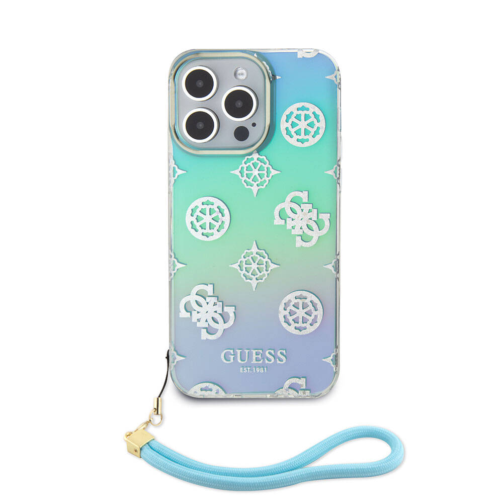 Apple iPhone 15 Pro Max Case Guess Original Licensed Patterned Text Logo Strap Holographic Glitter Peony Cover Purple