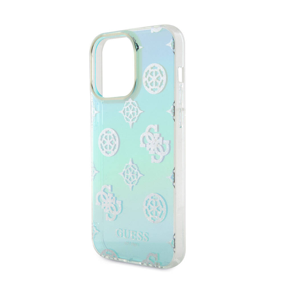 Apple iPhone 15 Pro Max Case Guess Original Licensed Patterned Text Logo Strap Holographic Glitter Peony Cover Turquoise