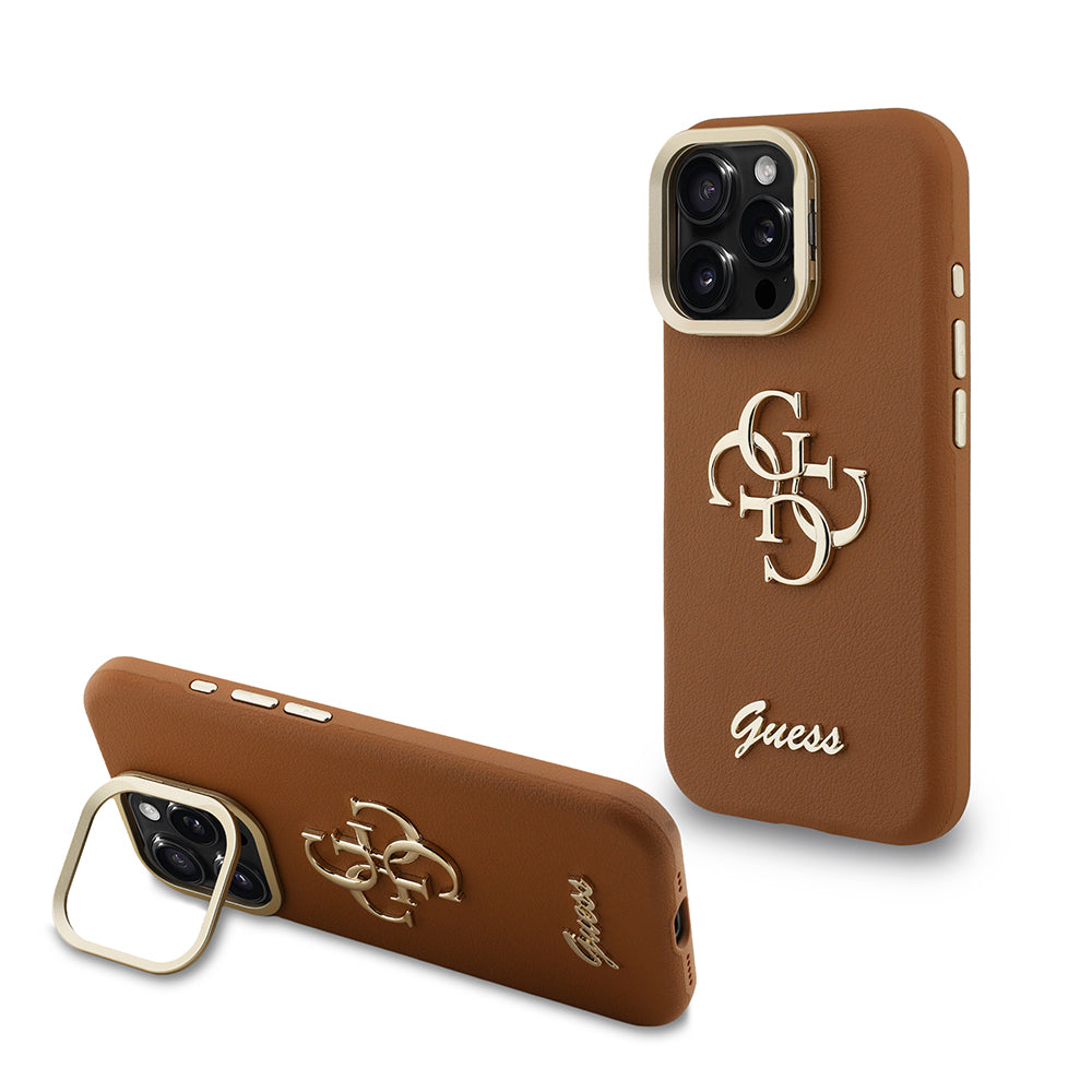 Apple iPhone 15 Pro Max Case Guess Original Licensed Grained Text Logo Camera Stand Cover Beige