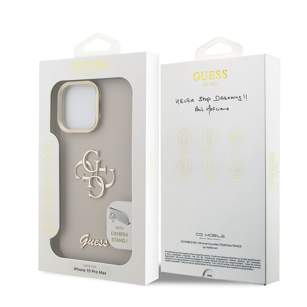 Apple iPhone 15 Pro Max Case Guess Original Licensed Grained Text Logo Camera Stand Cover Beige