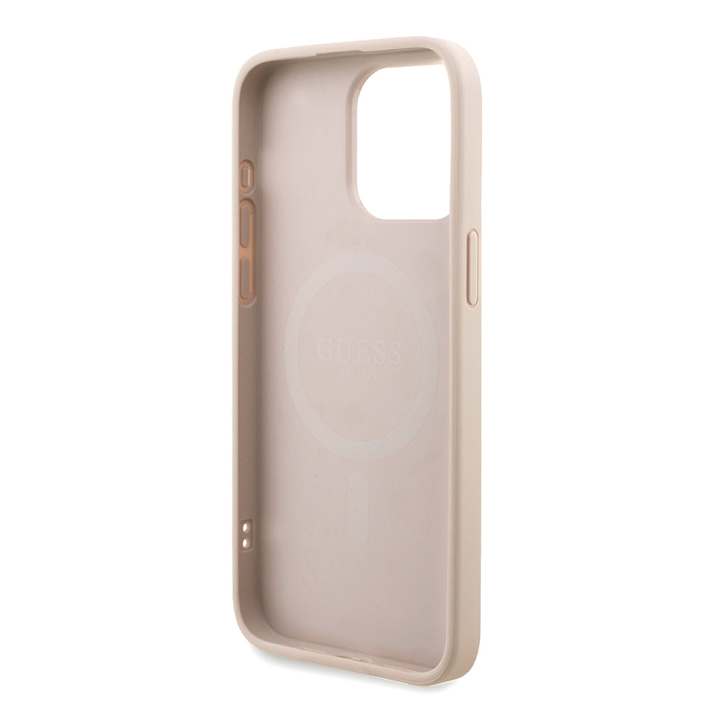 Apple iPhone 15 Pro Max Kılıf Guess Orjinal Lisanslı M-safe Şarj Özellikli PU Deri Bilek Askı İpli Yazı Logolu Kapak Kahverengi