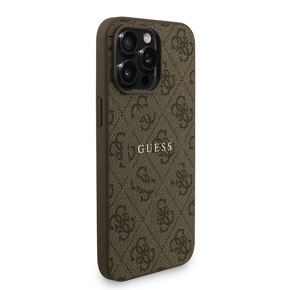 Apple iPhone 15 Pro Max Kılıf Guess Orjinal Lisanslı M-safe Şarj Özellikli PU Deri Bilek Askı İpli Yazı Logolu Kapak Kahverengi