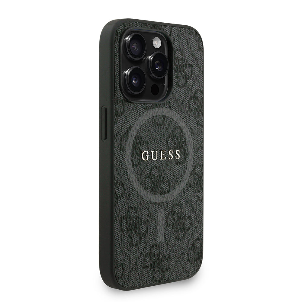 Apple iPhone 15 Pro Max Kılıf Guess Orjinal Lisanslı M-safe Şarj Özellikli PU Deri Bilek Askı İpli Yazı Logolu Kapak Siyah