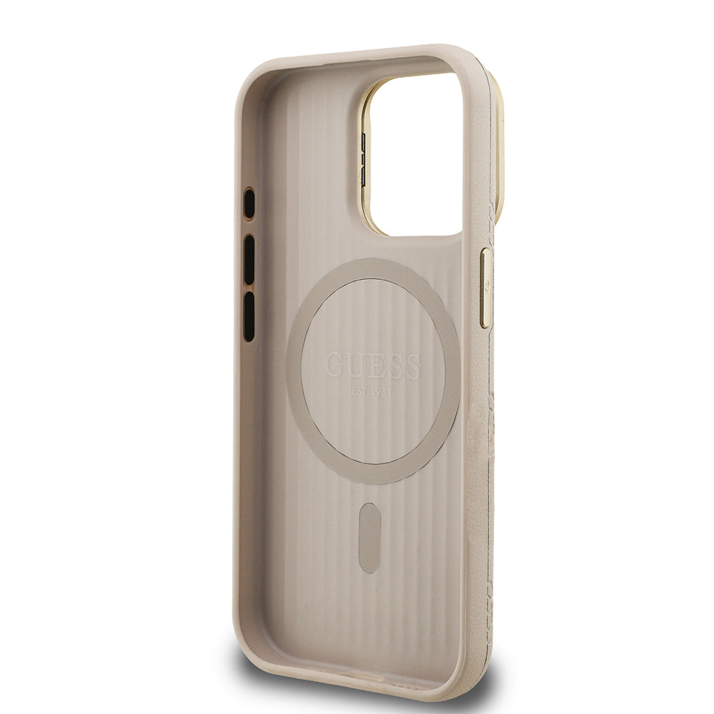 Apple iPhone 15 Pro Max Kılıf Guess Orjinal Lisanslı M-safe Şarj Özellikli Sıcak Baskılı Yazı Logolu Kamera Standlı PU Deri Peony Kapak Mor