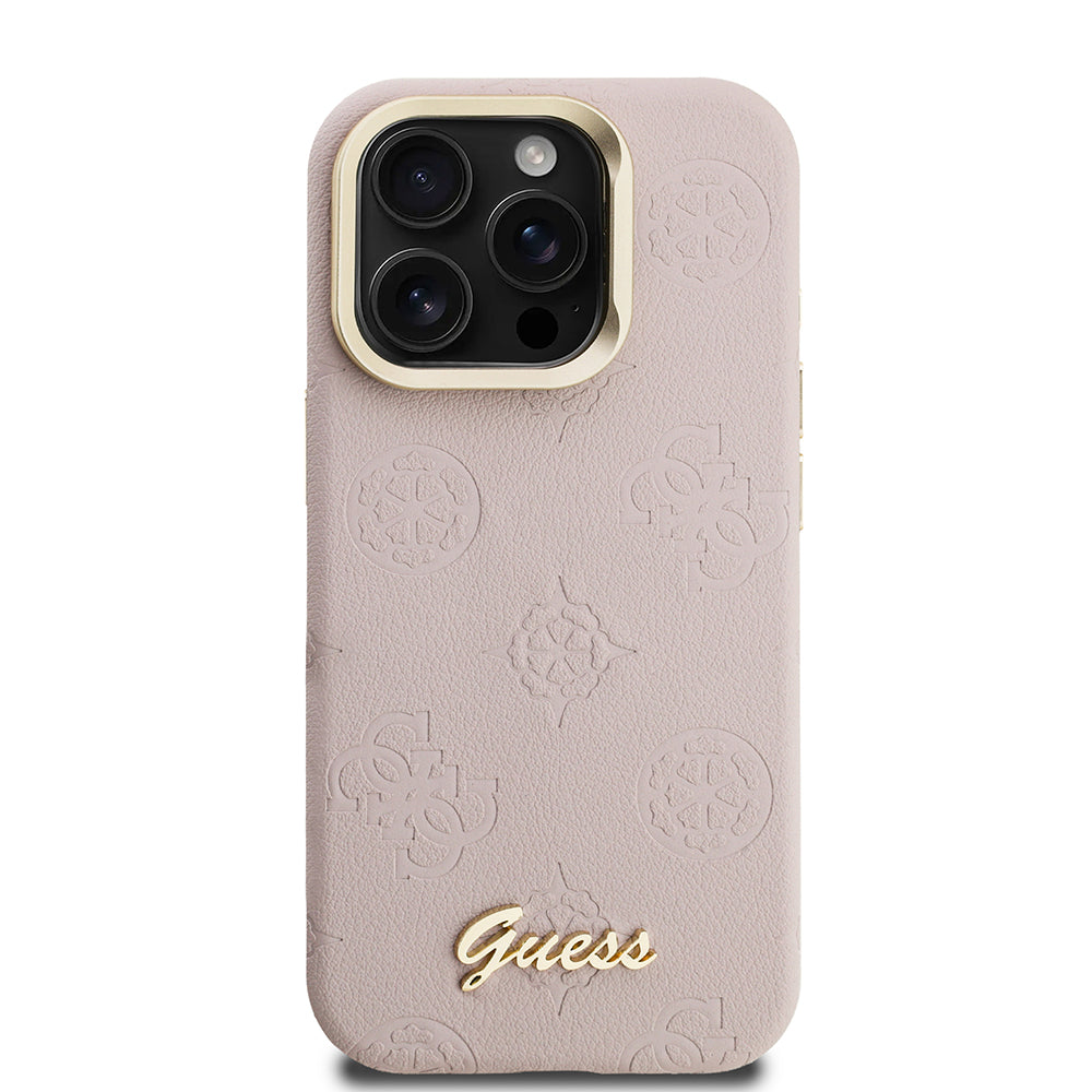 Apple iPhone 15 Pro Max Kılıf Guess Orjinal Lisanslı M-safe Şarj Özellikli Sıcak Baskılı Yazı Logolu Kamera Standlı PU Deri Peony Kapak Siyah