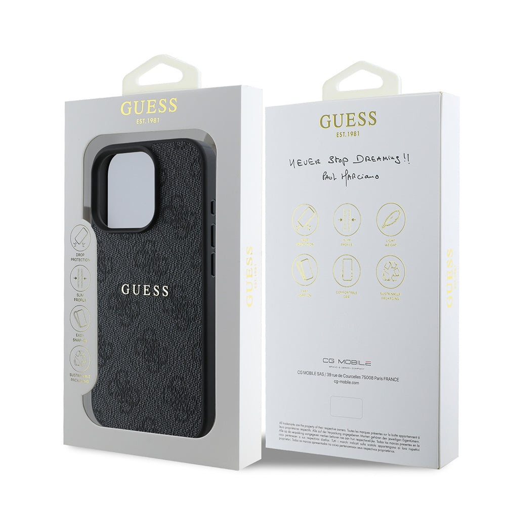Apple iPhone 15 Pro Max Case Guess Original Licensed M-safe Charging Feature 4G Pattern Text Logo Cover Black