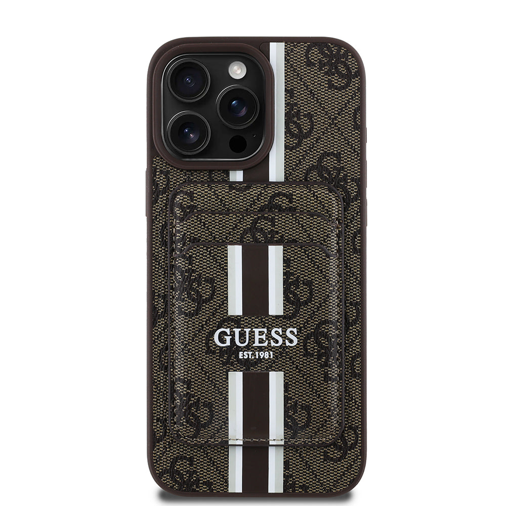 Apple iPhone 15 Pro Max Case Guess Original Licensed M-safe Charging Feature 4G Patterned Striped Card Holder Cover Brown