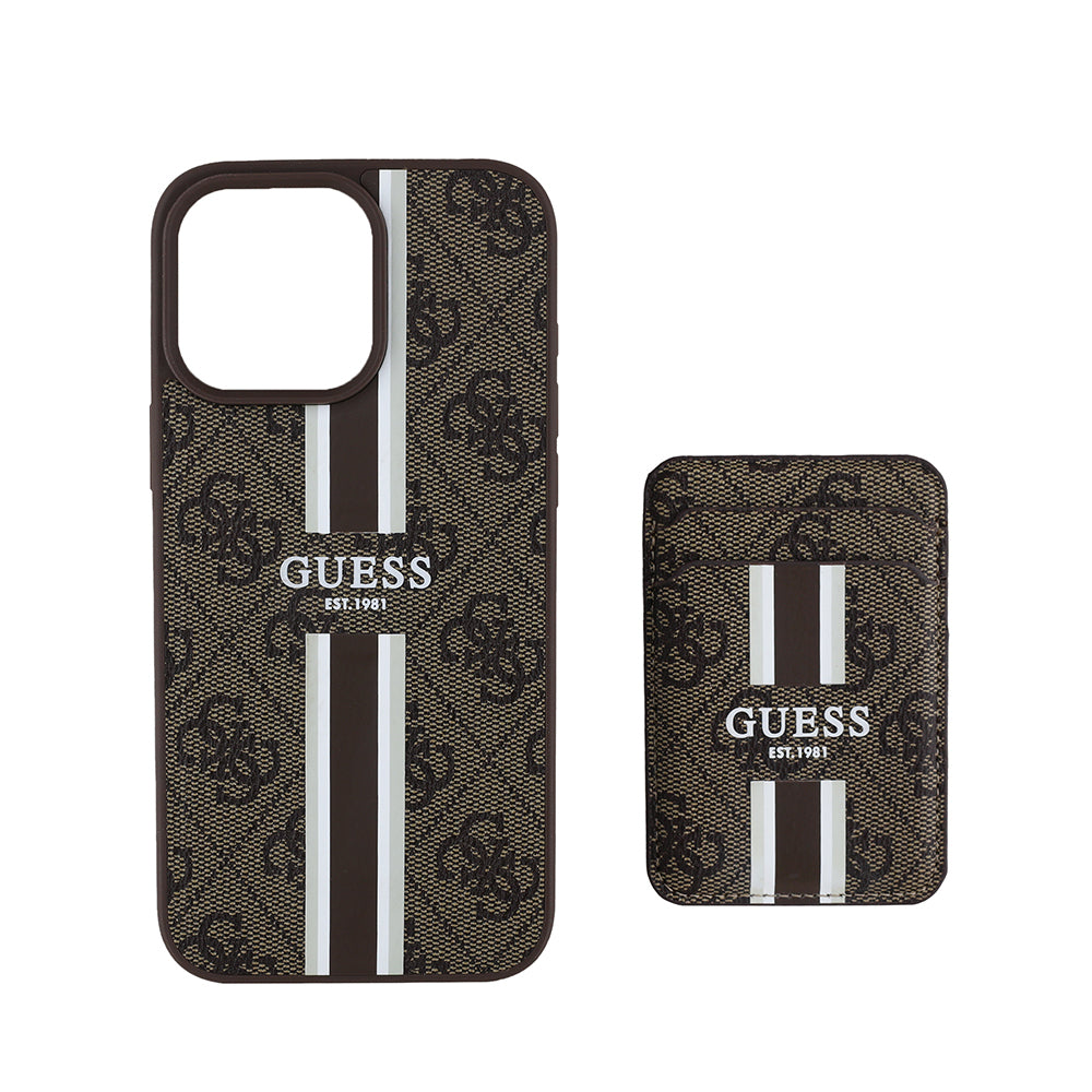 Apple iPhone 15 Pro Max Case Guess Original Licensed M-safe Charging Feature 4G Patterned Striped Card Holder Cover Brown