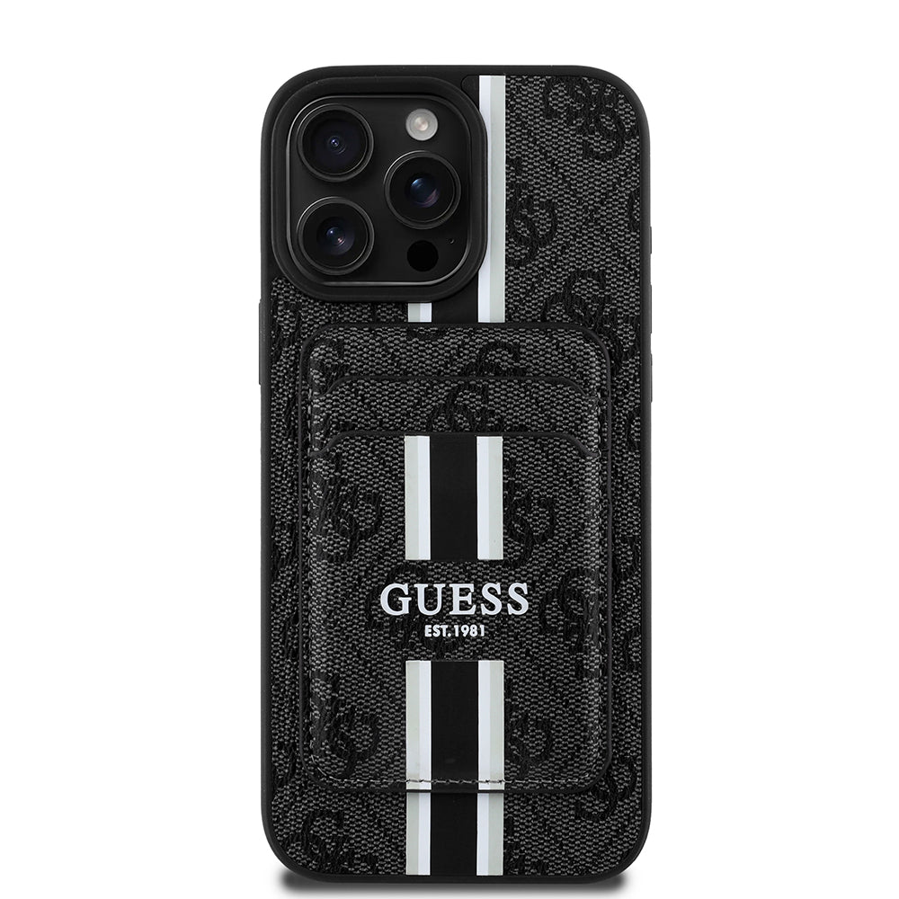 Apple iPhone 15 Pro Max Case Guess Original Licensed M-safe Charging Feature 4G Patterned Striped Card Holder Cover Black
