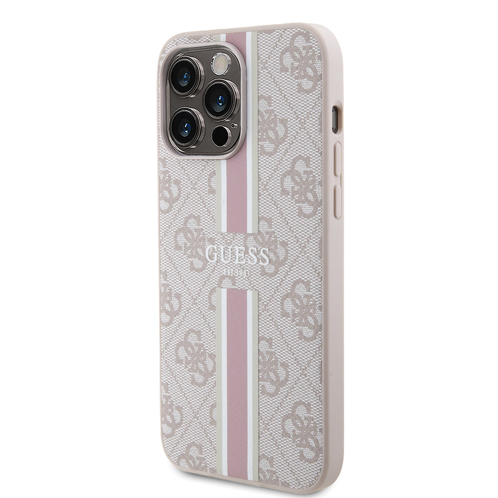 Apple iPhone 15 Pro Max Case Guess Original Licensed M-safe Charging Feature 4G Stripe Design Printed Cover Brown