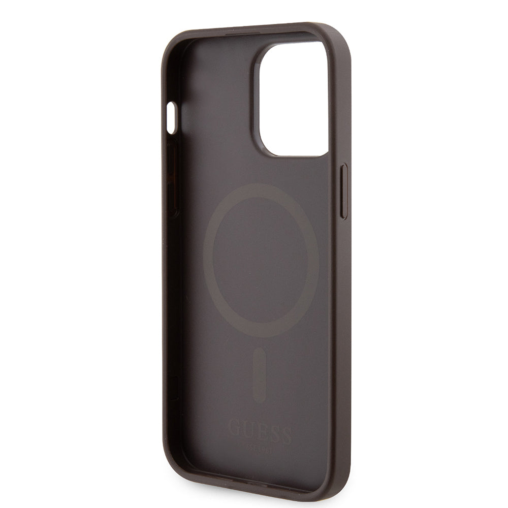 Apple iPhone 15 Pro Max Case Guess Original Licensed M-safe Charging Feature 4G Stripe Design Printed Cover Brown