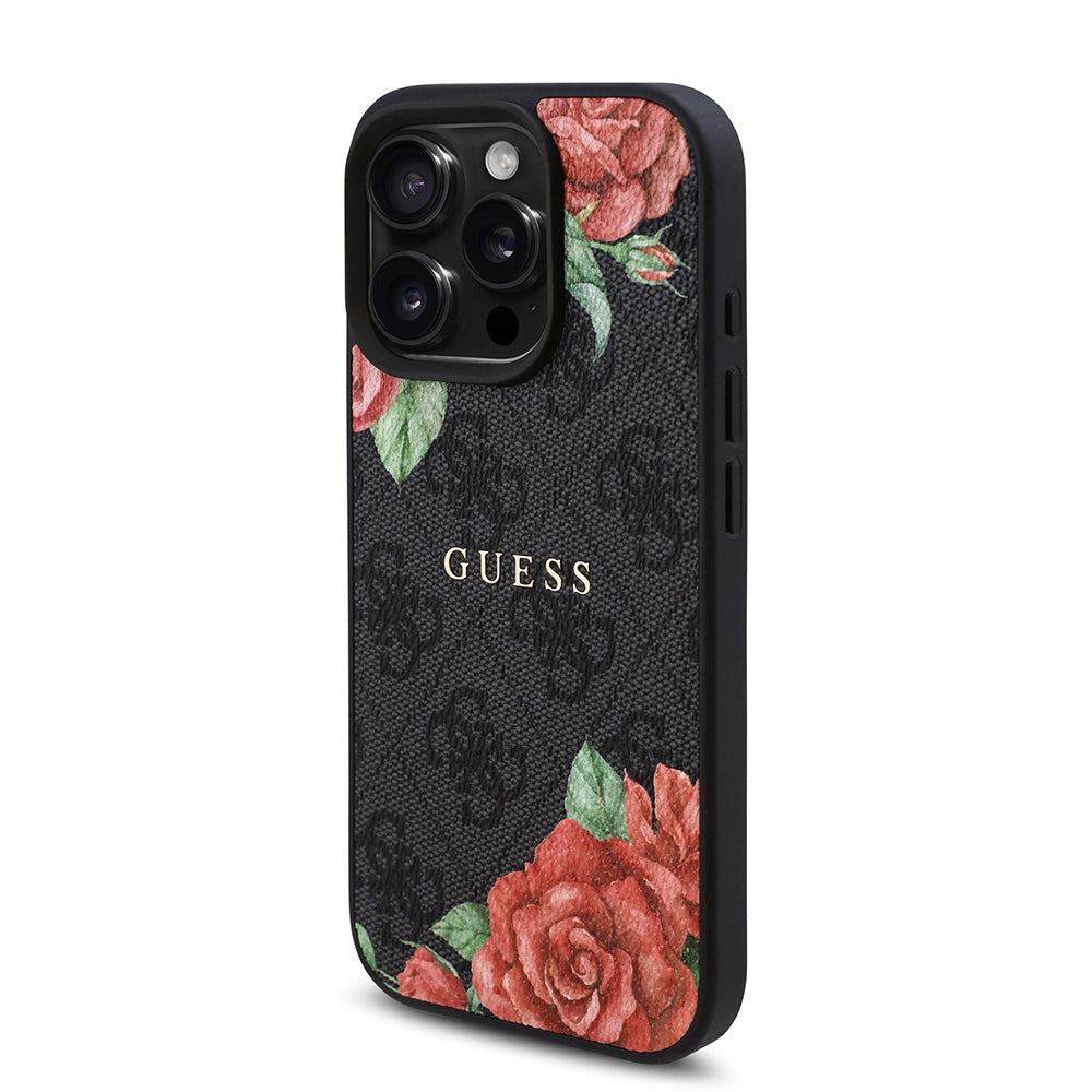 Apple iPhone 15 Pro Max Case Guess Original Licensed M-safe Charging Feature Rose Printed 4G Patterned Text Logo Cover Brown