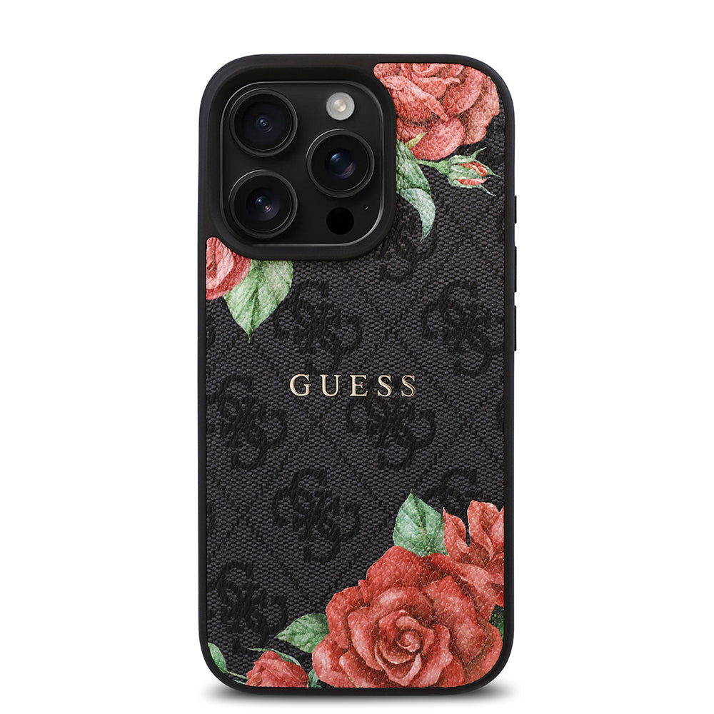 Apple iPhone 15 Pro Max Case Guess Original Licensed M-safe Charging Feature Rose Printed 4G Patterned Text Logo Cover Brown