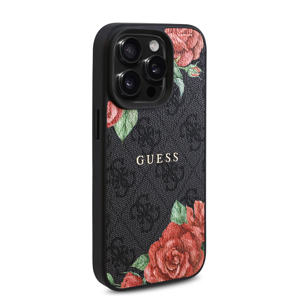 Apple iPhone 15 Pro Max Case Guess Original Licensed M-safe Charging Feature Rose Printed 4G Patterned Text Logo Cover Brown