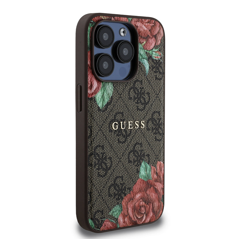 Apple iPhone 15 Pro Max Case Guess Original Licensed M-safe Charging Feature Rose Printed 4G Patterned Text Logo Cover Brown