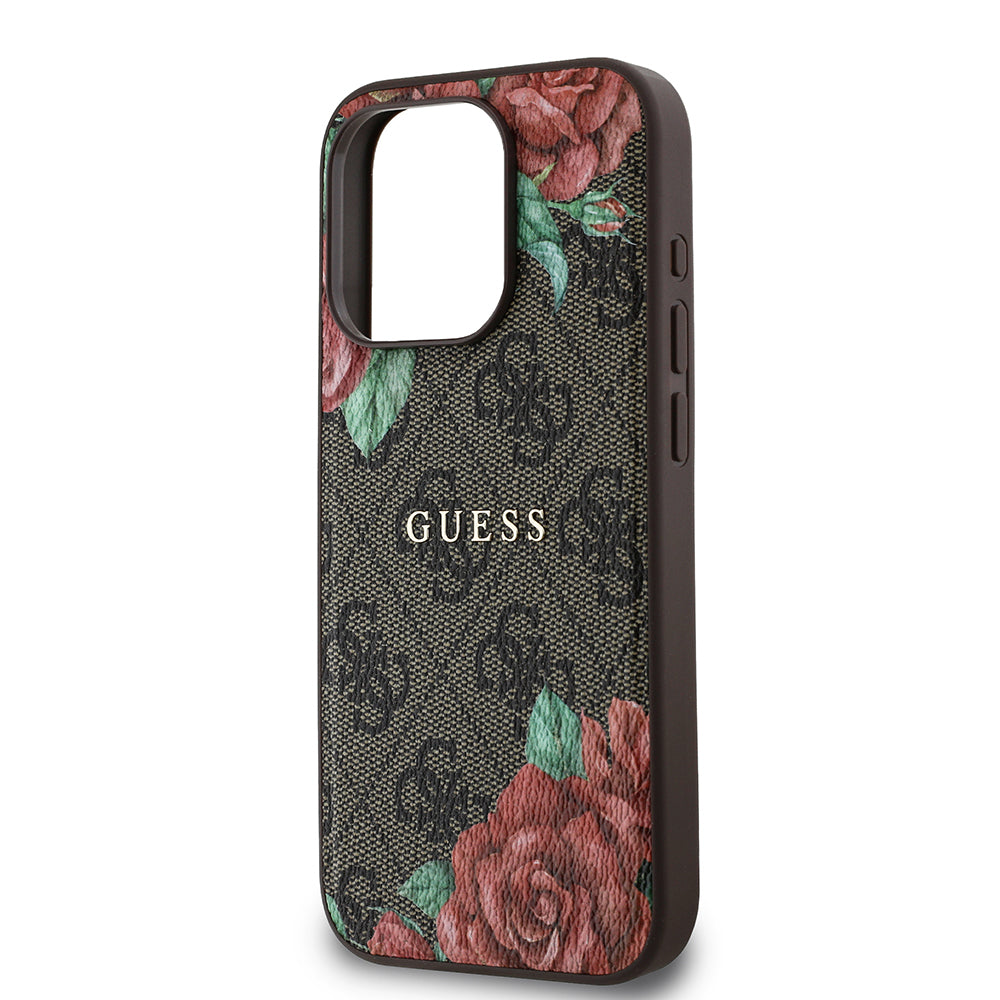 Apple iPhone 15 Pro Max Case Guess Original Licensed M-safe Charging Feature Rose Printed 4G Patterned Text Logo Cover Brown