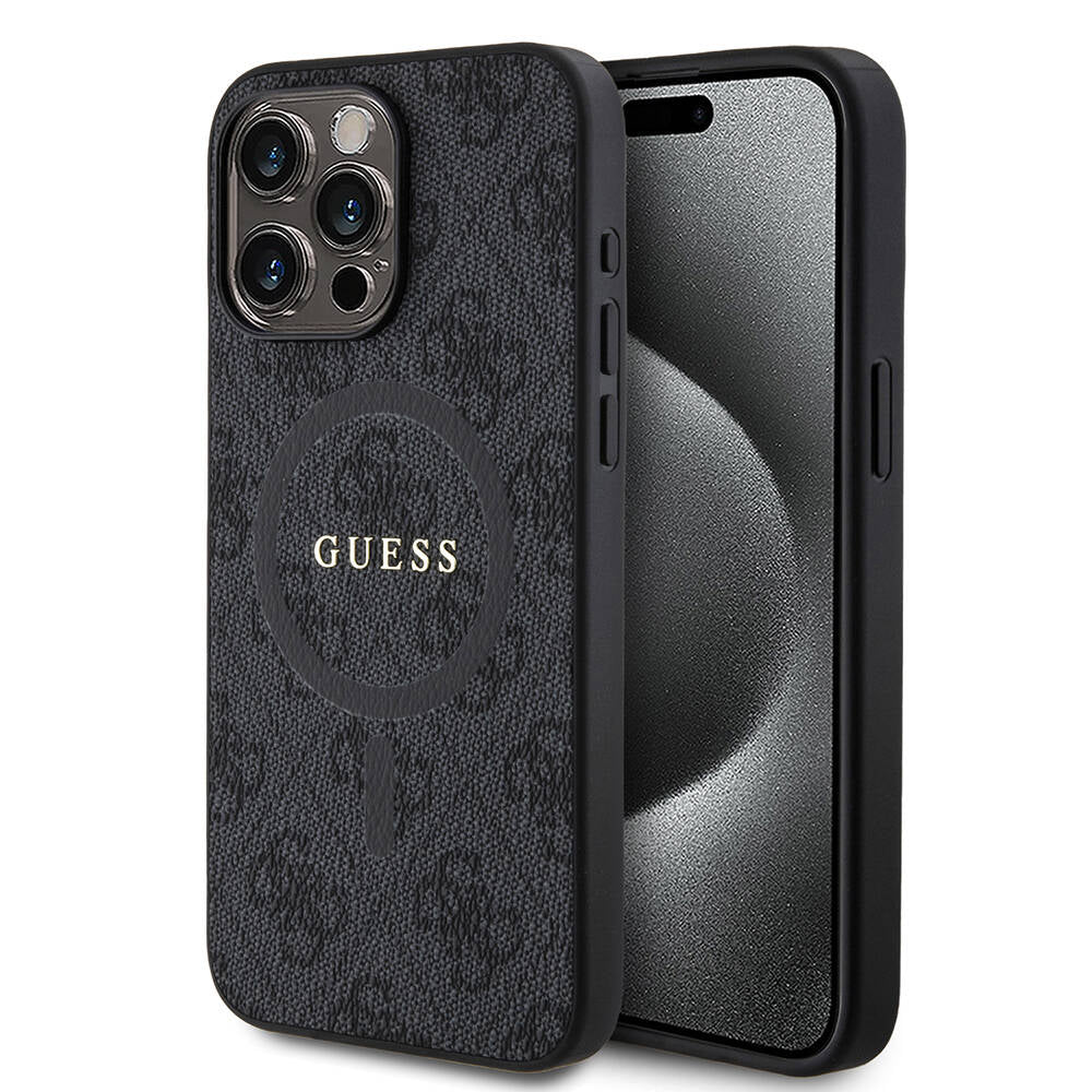 Apple iPhone 15 Pro Max Case Guess Original Licensed M-safe Charging Feature PU Ring 4G Patterned Text Logo Cover Pink