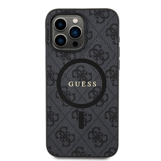 Apple iPhone 15 Pro Max Kılıf Guess Orjinal Lisanslı M-safe Şarj Özellikli PU Halkalı 4G Desenli Yazı Logolu Kapak