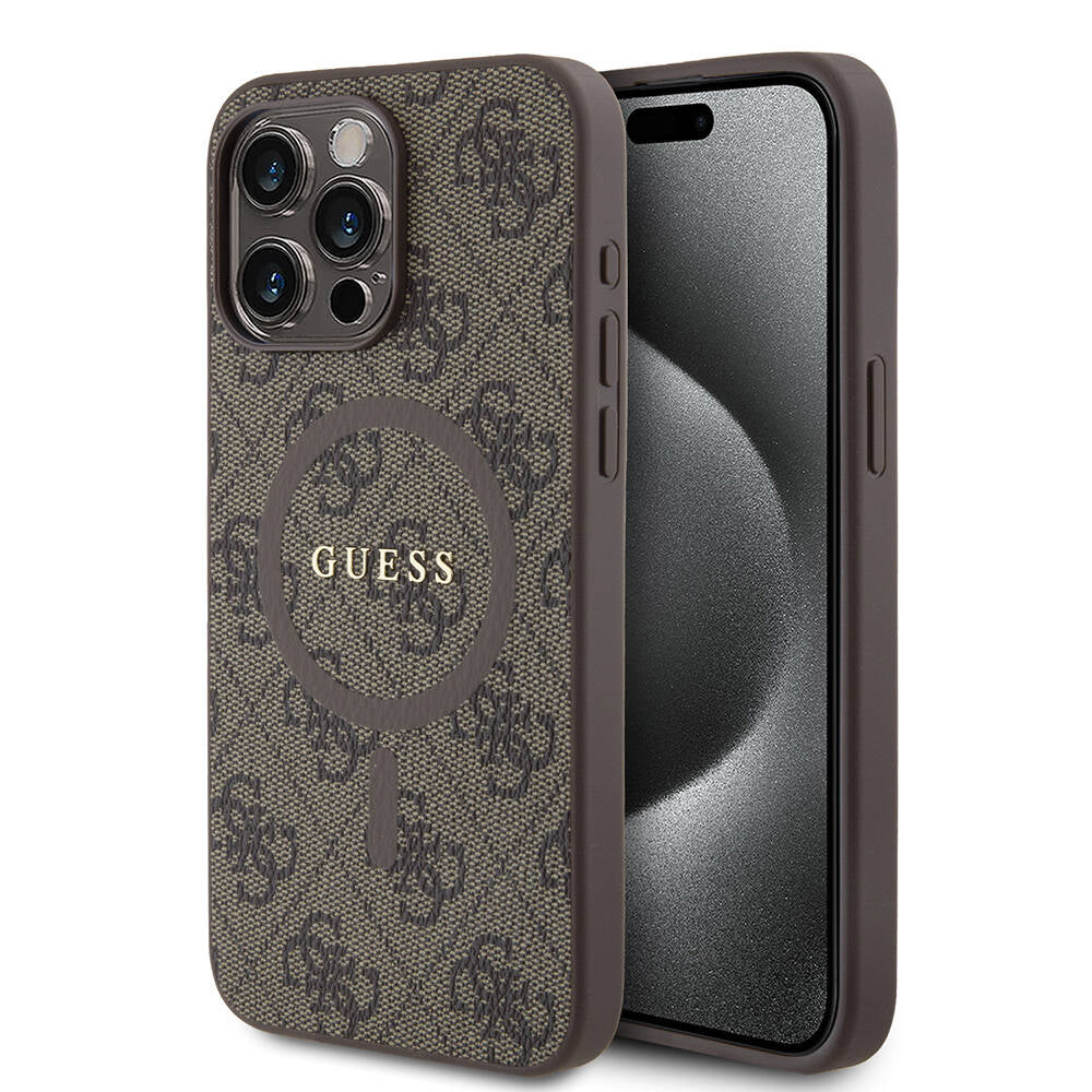 Apple iPhone 15 Pro Max Case Guess Original Licensed M-safe Charging Feature PU Ring 4G Patterned Text Logo Cover Pink