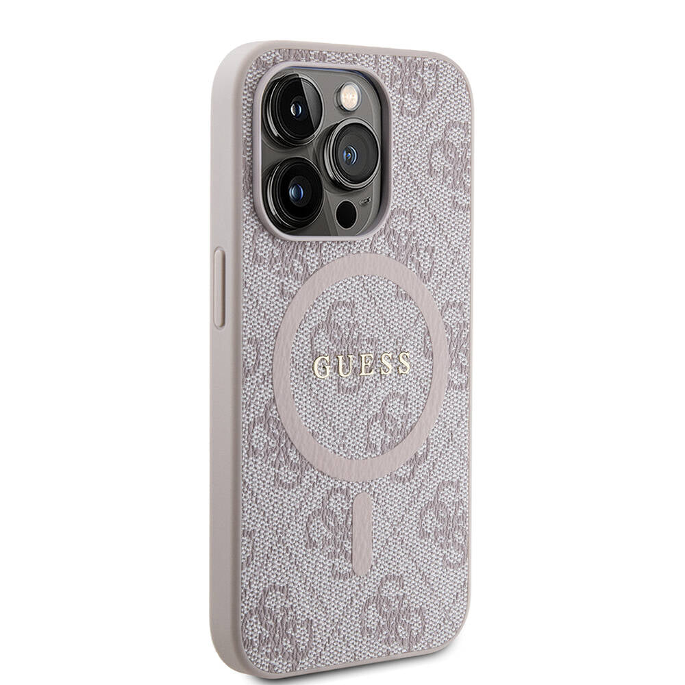 Apple iPhone 15 Pro Max Case Guess Original Licensed M-safe Charging Feature PU Ring 4G Patterned Text Logo Cover Pink