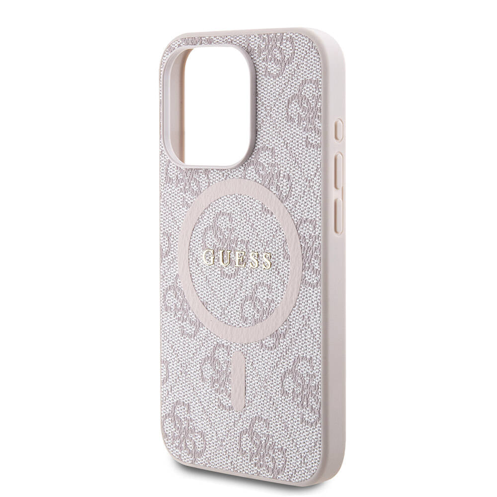 Apple iPhone 15 Pro Max Case Guess Original Licensed M-safe Charging Feature PU Ring 4G Patterned Text Logo Cover Pink