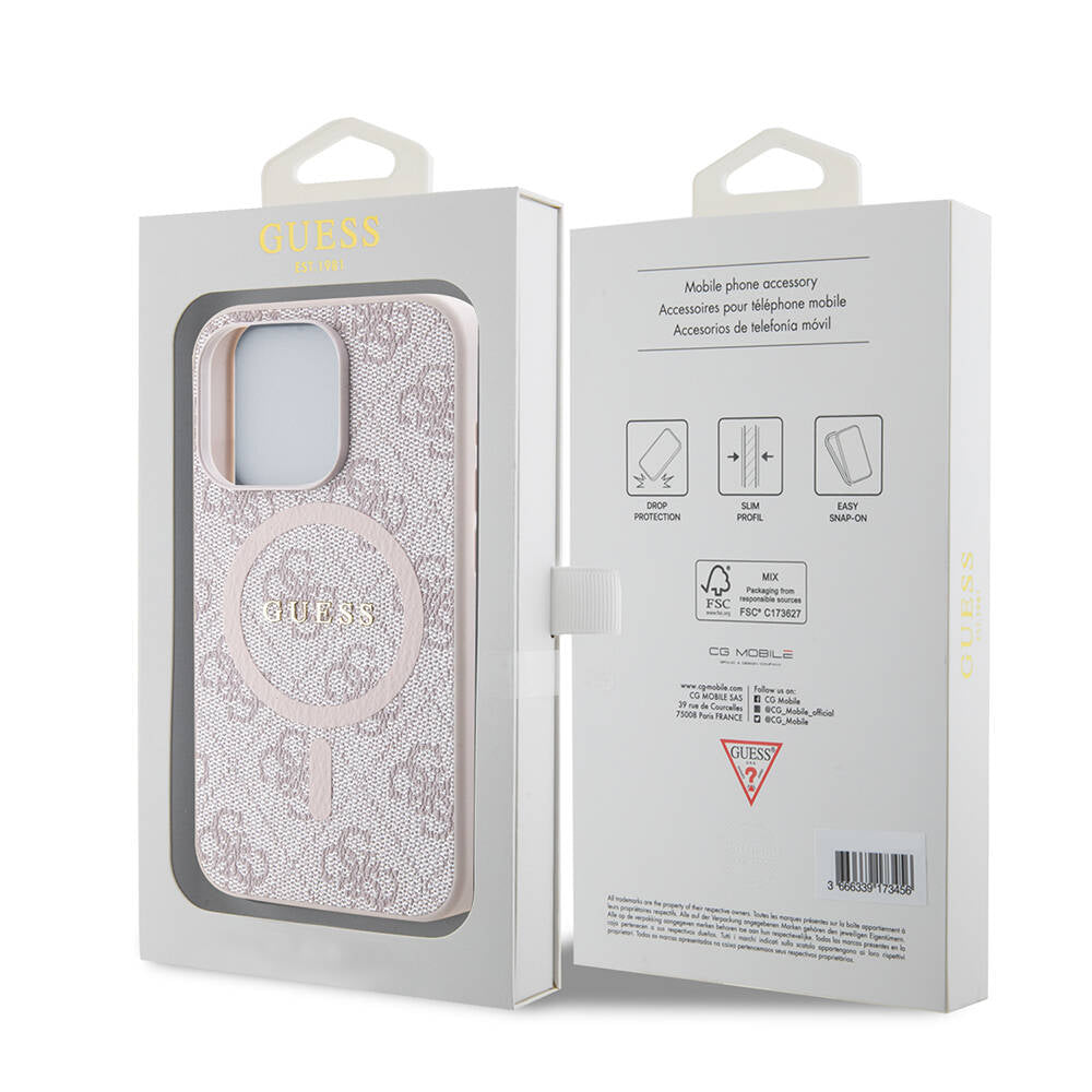 Apple iPhone 15 Pro Max Case Guess Original Licensed M-safe Charging Feature PU Ring 4G Patterned Text Logo Cover Pink