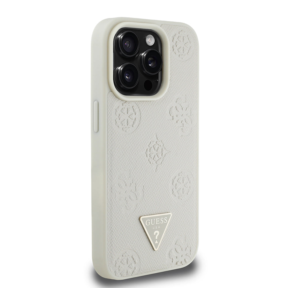 Apple iPhone 15 Pro Max Case Guess Original Licensed M-safe Charging Feature Hot Printed Triangle Logo PU Leather Peony Cover Beige