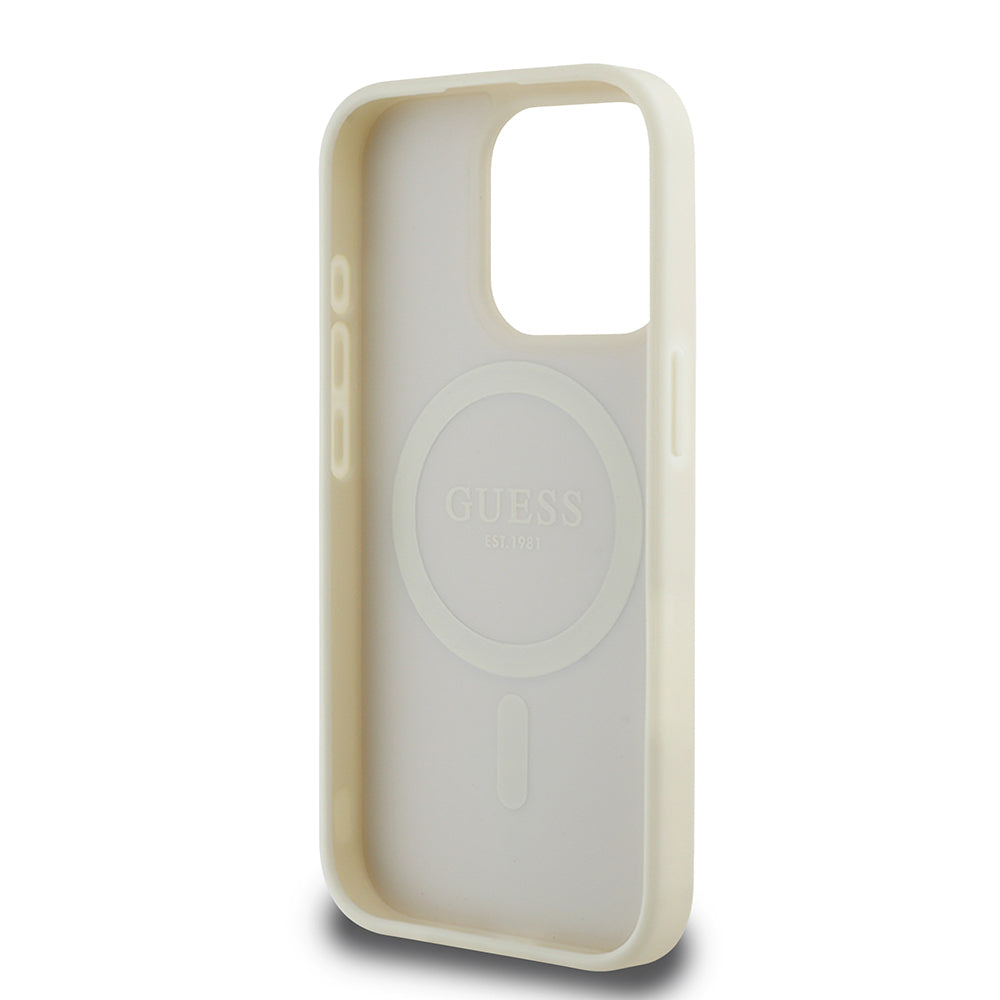 Apple iPhone 15 Pro Max Case Guess Original Licensed M-safe Charging Feature Hot Printed Triangle Logo PU Leather Peony Cover Beige