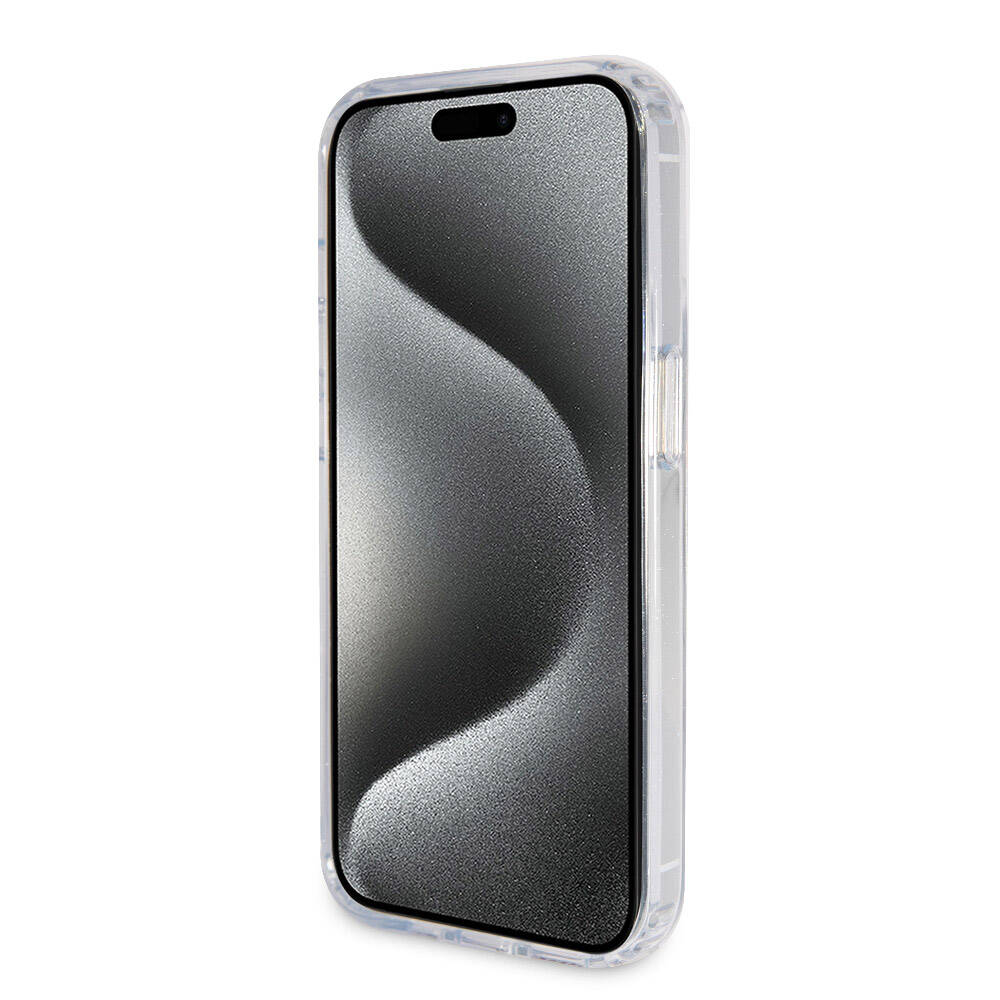 Apple iPhone 15 Pro Max Case Guess Original Licensed M-safe Charging Feature Glitter Back Surface Ring Stand Cover Black